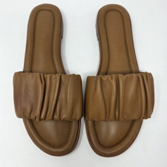 J. CREW Menorca Scrunchie-Strap Slides Women’s 9.5 Leather Brown Cognac Ruched - Picture 3 of 10